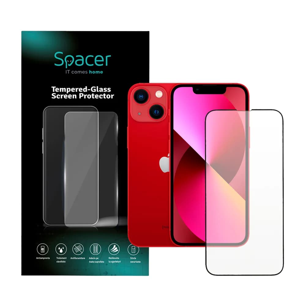 FOLIE STICLA Spacer pentru Iphone 13 Mini, grosime 0.3mm, acoperire totala ecran, strat special anti-ulei si anti-amprenta, Tempered Glass, sticla 9D, duritate 9H "SPPG-AP-IP13M-TG"