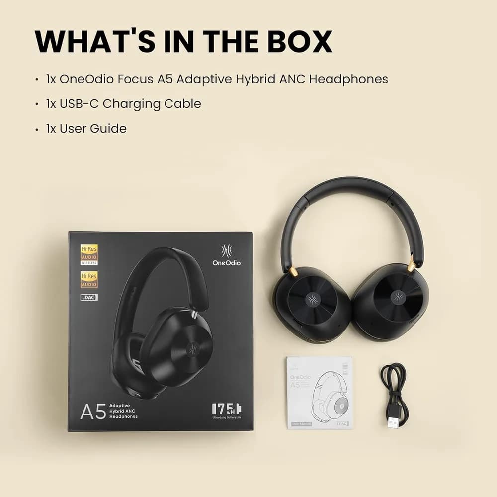 Casti OneOdio "A5", Over-Ear, utilizare multimedia, Bluetooth 5.4 | fir Jack 3.5mm, multi-point connection, hybrid ANC, pana la 75 de ore, pliabile, difuzor 40mm, negru, "A5-Black" — miniatură