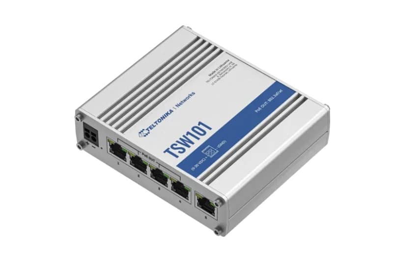 TELTONIKA AUTOMOTIVE 5PORT POE+ SWITCH TSW101, interfata: 5 x ETH ports, 10/100/1000 Mbps, supports auto MDI/MDIX crossover, Standarde retea: 802.3i, 802.3u, 802.3ab, 802.3x, 802.3az, 802.3ad, Porturi POE: 1-4, Buget POE: 60W, Lungime cablu max: 100m, Latime de banda: 10Gbps, Carcasa aluminiu — miniatură