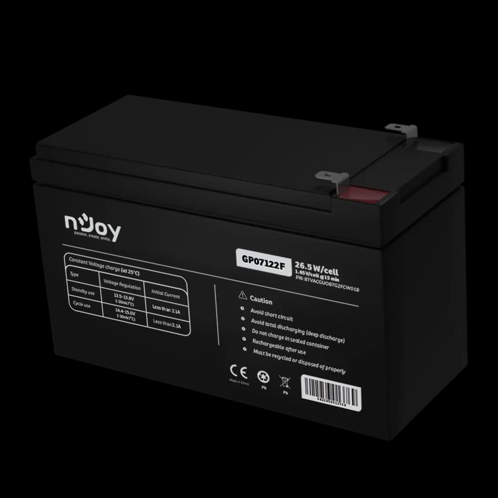 Acumulator nJoy GP07122F 12V 23.51W/cell Battery Model GP07122F Voltage 12V Power (1,65V/cell@15 min) 23.51W/cell Type VRLA - maintanance free Designed Floating Life 3~5 years Nominal Operating Temp. Range 25o C ± 3o C Terminal F2 terminal -Faston Tab 250 Construction Container & Cover ABS Safety
