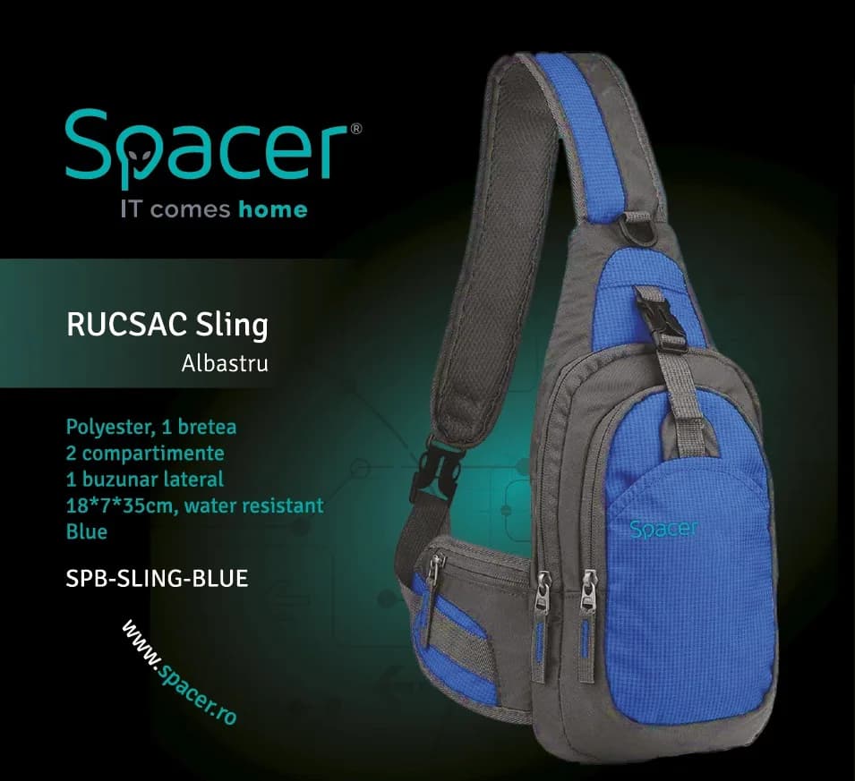RUCSAC SPACER Sling, nylon,1 bretea, 2 compartimente principale,1 buzunar frontal,1 buzunar lateral, 35x18x7cm, water resistant, blue, "SPB-SLING-BLUE" — miniatură