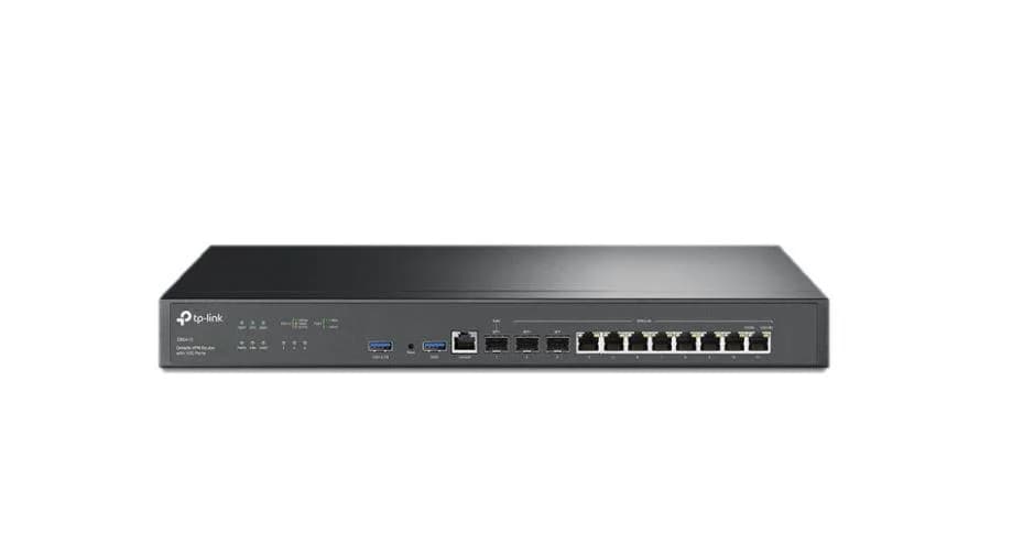 "Omada VPN Router with 10G Ports PORT: 1× 10G SFP+ WAN Port, 1× 10G SFP+ WAN/LAN Port,1× Gigabit SFP WAN/LAN Port, 8× Gigabit RJ45 WAN/LAN Ports, 2× USB3.0 port FEATURE: Integration with Omada SDN Controller, Support SSL VPN, OpenVPN and IPsec/ PPTP/ L2TP/ L2TP over IPSec VPN, 1500000 Concurrent