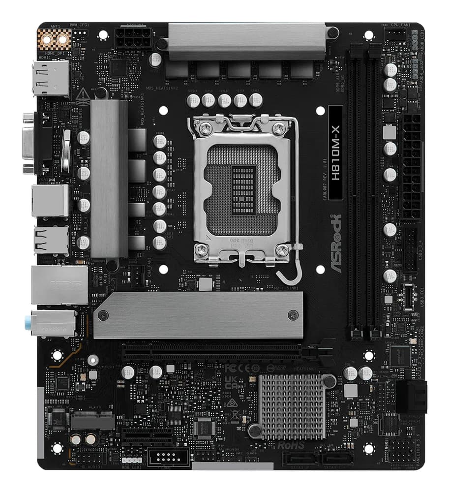 Placa de baza AsRock "H810M-X ", skt. LGA 1851, chipset Intel H810, mATX, 2 x DDR5 max. 128 GB, USB 3.2 gen1 A, Type-C, USB 2.0, 2.5 GHz Lan, 4 x SATA, 2 x M.2, PCIe 4.0, HDMI, VGA, DisplayPort, "H810M-X "