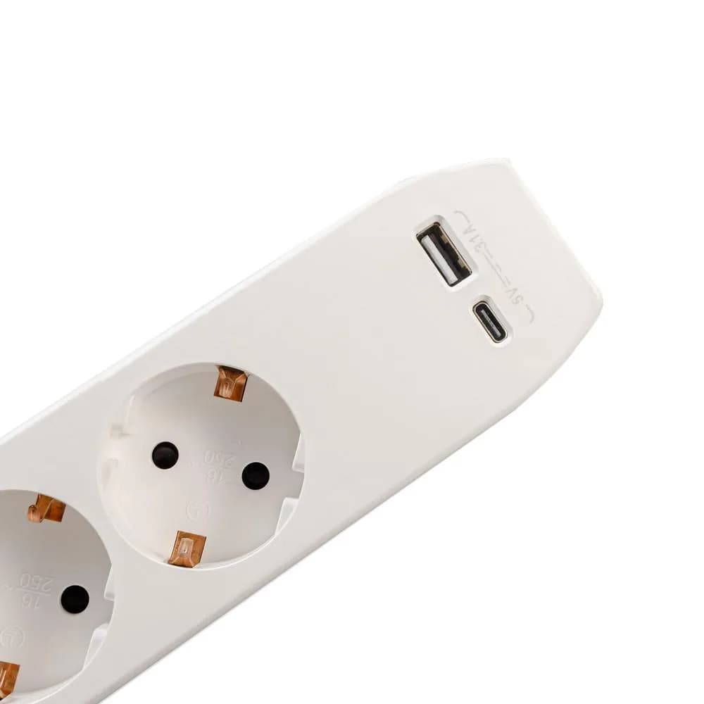 PRELUNGITOR SPACER, Schuko x 3, conectare prin Schuko (T),Type-C x1, USB x 1, 3.1A, cablu 4.5m, 16 A, max. 3500W,protectie copii, protectie supratensiune, Alb-Gri — miniatură