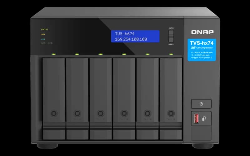 NAS QNAP H674 6-Bay, CPU Intel Core i5-12400 6-core 12-thread Processor, up to 4.4GHz, RAM 32GB (2x 16GB) DDR4 SODIMM (Max. 128GB), 6 x 2.5"/3.5" SATA 6Gbps + 2 x M.2 2280 NVMe HDD (neincluse), LAN: 2 x 2.5GbE (2.5G/1G/100M/10M), USB3.2 Gen1: 3 (2 x USB-A + 1 x USB-C), Tower, Single PSU, 250W