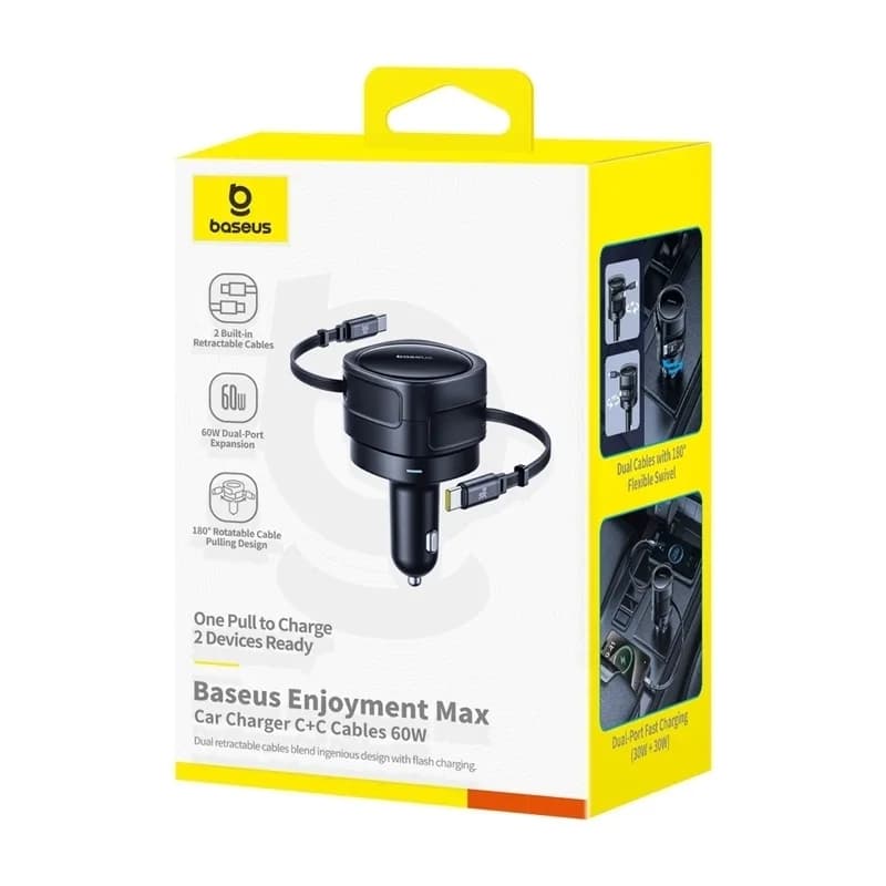 INCARCATOR auto Baseus Enjoyment Max, Quick Charge 60W, cablu retractabil integrat 2 x USB Type-C, negru "C00035507121-01" - 6932172682576 — miniatură