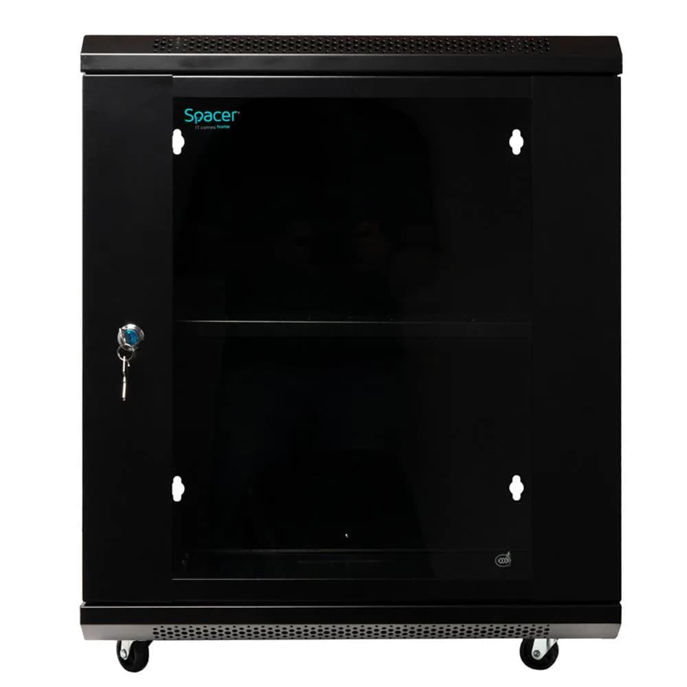 CABINET 19″ SPACER 12U 500x450mm, fixare pe perete, Flatpack (dezasamblat), Black, usa sticla cu blocare, panouri detasabile, otel 1mm, sarcina maxima 25Kg — miniatură