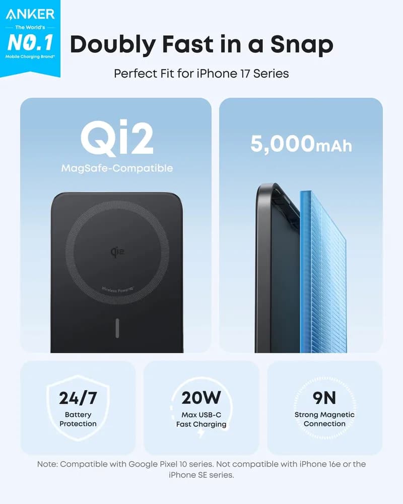 POWER BANK Anker "Nano" 5.000 mAh, 15W MagGo, slim, magnetic, wireless, 1 x USB-C incarcare, 122g, negru, "A1665HO1" - 0194644321808 — miniatură
