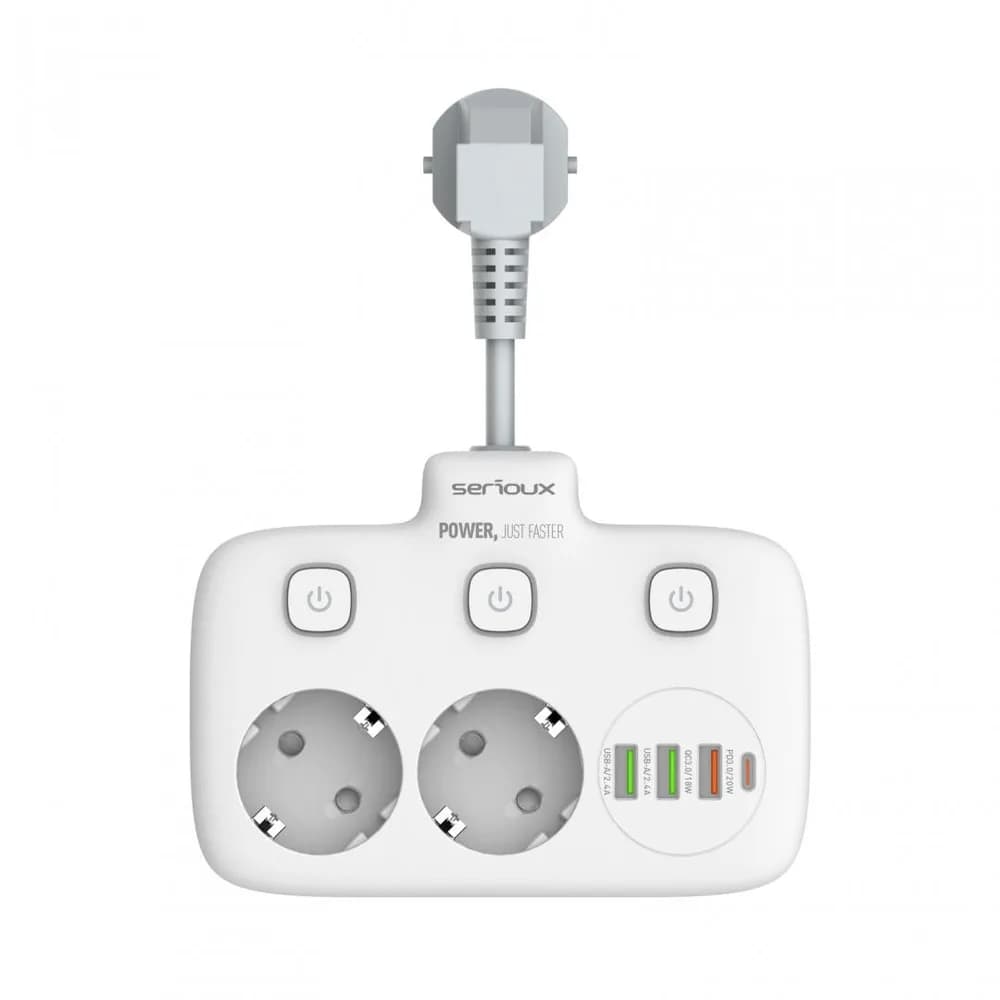 Prelungitor tip priza cu protectie Serioux Quick Charge 3.0, parametri nominali: 2500W-10A(Max) 250V, Intrare: AC100-250V 10A 50/60HZ, Ieșire PD: 5V=3A 9V=2.22A 12V=1.67A 20W (MAX), Ieșire QC: 5V-3A 9V=2A 12V=1.5A 18W (MAX), Ieșire Auto-ID: 5V-2.4A 12W (MAX) Putere totală: 20W MAX