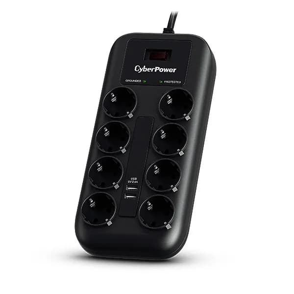 PRELUNGITOR CYBER POWER, Schuko x 8, conectare prin Schuko (T), USB x 2, cablu 1.8 m, 10 A, protectie supratensiune, negru, "P0820SUF0-DE"