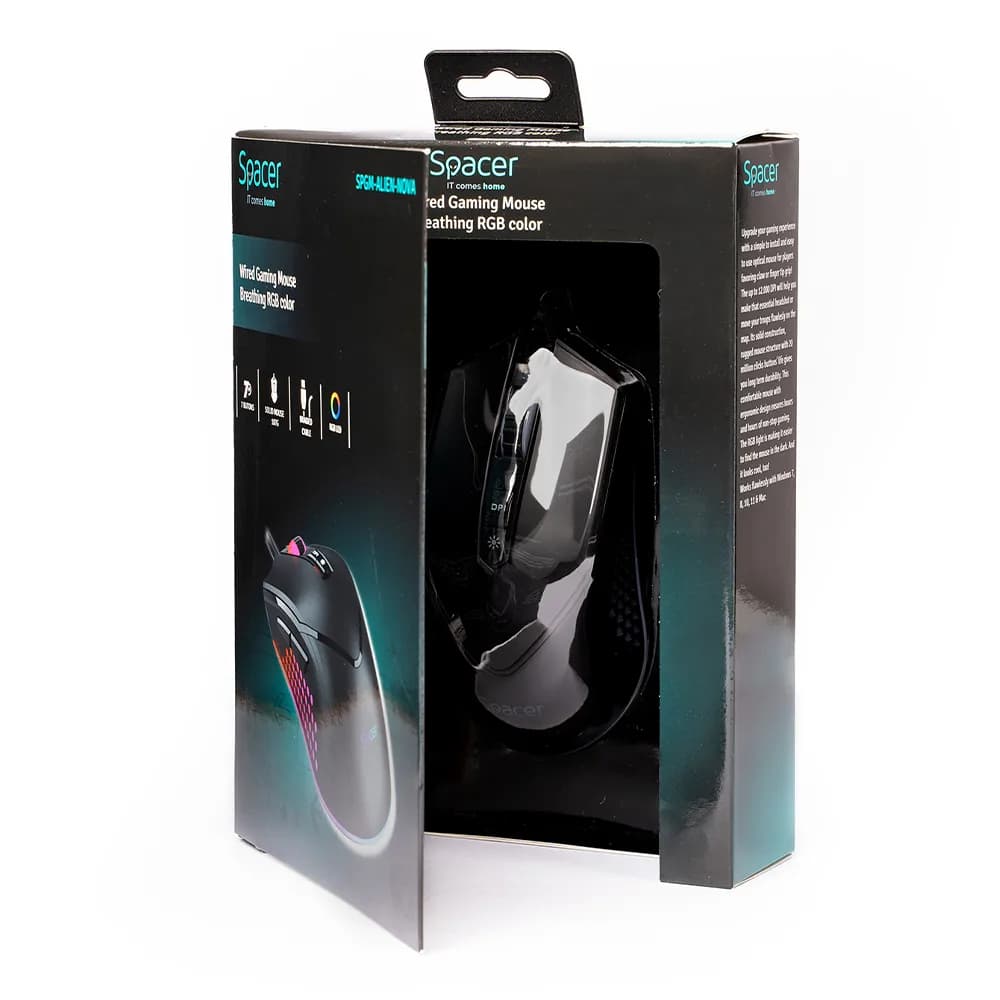 MOUSE Spacer - gaming, gaming, cu fir, USB, optic, 12.000 dpi, butoane/scroll 7/1, iluminare RGB, negru, "SPGM-ALIEN-NOVA" — miniatură
