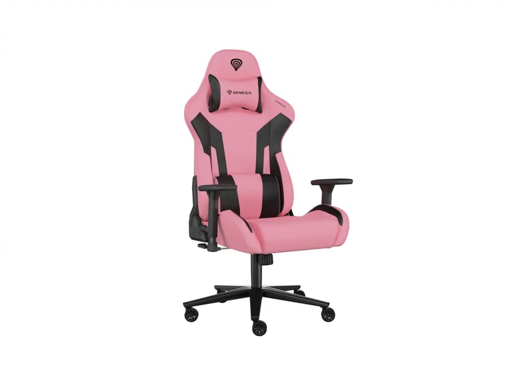 Scaun gaming Genesis Nitro 720, piele ecologica, reglabil pe inaltime, suporta pana la 150 kg, inaltime reglabila 46.5 - 53.5 cm, spatar ajustabil 135°, dimensiuni roti 60mm, negru/roz — miniatură