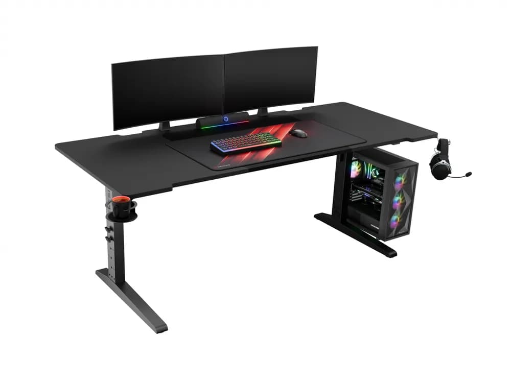 Birou gaming Genesis Holm Modular 180, material lemn/metal, reglabil pe inaltime 70 - 90 cm, iluminare RGB, management cabluri, negru