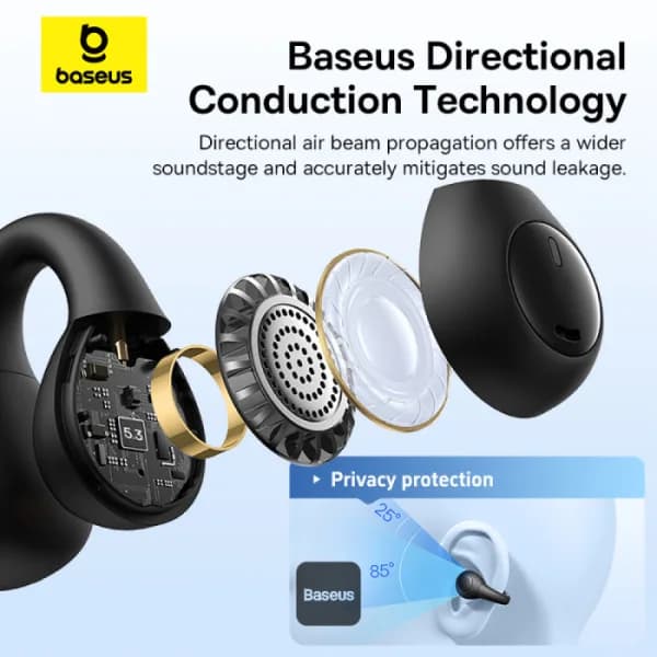 CASTI Baseus AirGo AS01 Open-Ear TWS, pt smartphone, wireless, bluetooth 5.3, microfon pe casca, 25 ore durata baterie, negru "A00069101113-00" - 6932172655396 — miniatură