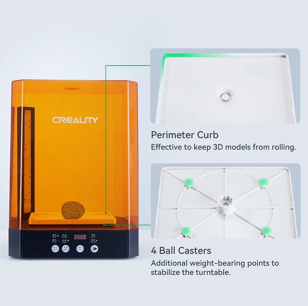 Creality masina de spalat si intarire modele 3D rasina UV, UW-03, timp spalare/intarire: 5-30 min, rand dublu de lampi cu lumina ultraviolet, platorma rotative 360°, dimensiuni maxime spalare:210*160*200mm, dimensiuni maxime uscare si intarire: 215*165*300mm, putere 60W, 2 trepte de viteza — miniatură
