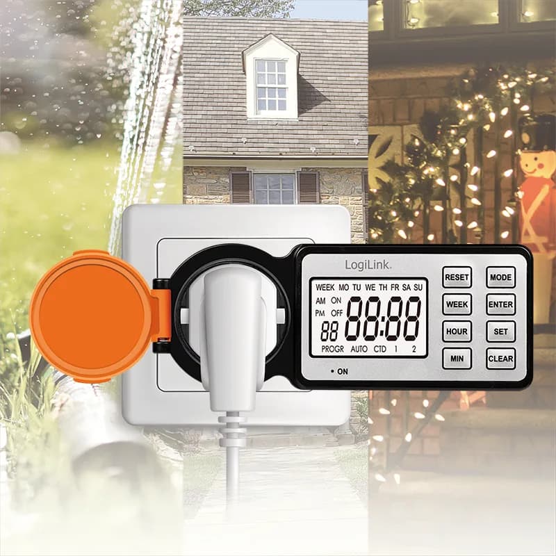PRELUNGITOR LOGILINK, Schuko x 1, 230 V/16 A, 50 Hz, max. 3500 W, timer, LCD, 8 butoane operare, IP44, de exterior, negru-portocaliu, "ET0016" — miniatură