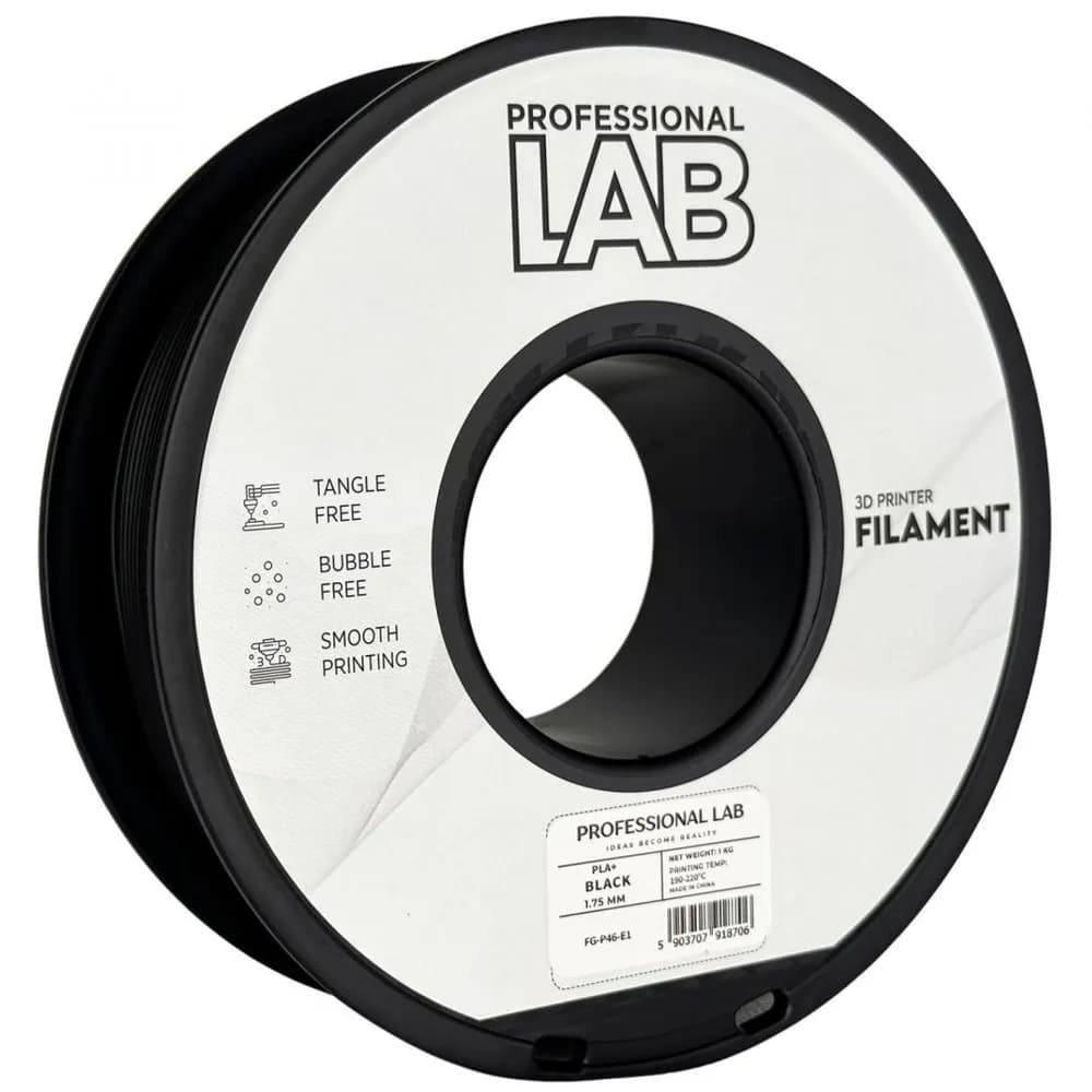 PROF. LAB 3D FILAMENT 1KG PLA+ BLACK, Diametru: 1.75mm, Greutate: 1kg, Temperatura duza: 200C – 220C, temperatura platforma printare: 50C – 60C, culoare: Negru, PLA+ este o versiune revizuita a PLA standard, mai durabil, mai putin casant, rezistenta mai mare la crapaturi pastrand capacitatea de — miniatură