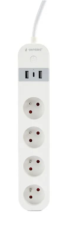 PRELUNGITOR GEMBIRD, Schuko x 4, WiFi, conectare prin Schuko (T) French, cablu 1.5 m, 16 A, 3680W, 2xUSB-A, 1xUSB-C 12W, compatibil Tuya, alb, "TSL-PS-F4U-01-W" — miniatură
