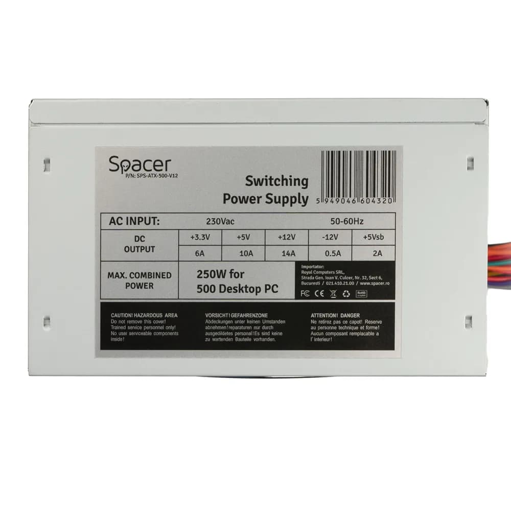 SURSA SPACER 500, 250W for 500 Desktop PC, fan 120mm, Switch ON/OFF "SPS-ATX-500-V12" — miniatură