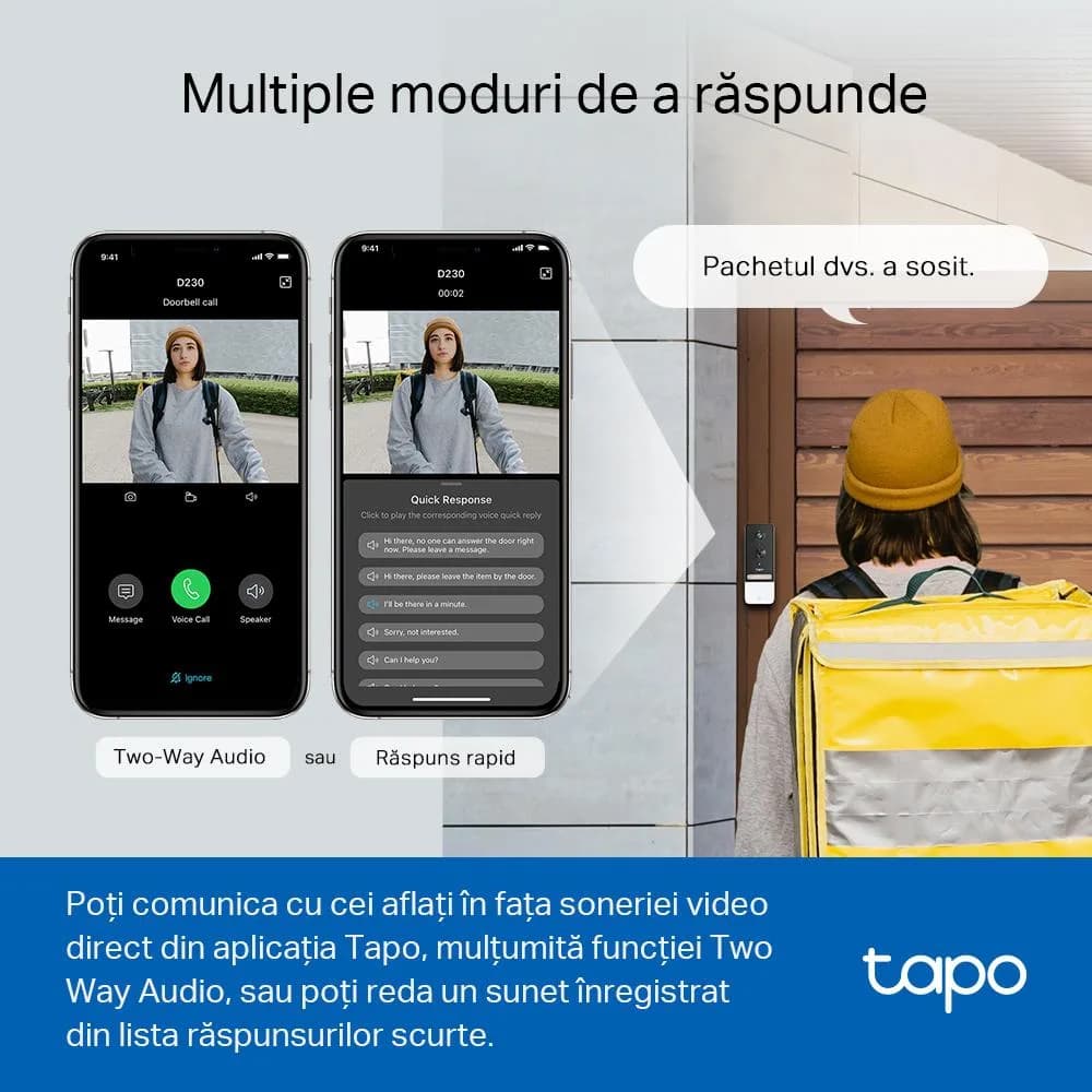 TP-Link Sonerie video smart TAPO D230S1, Senzor: 1/2.7“, Lentile F/NO: 2.1, IR pana la 7m, Rezistenta la ap: IP64, Unghi vizualizare: 160° pe diagonală, Rezolutie: 2K 5MP (2560 × 1920px), Compresie video: H.264, Microfon și difuzor încorporate, Standarde și Protocoale: IEEE 802.11b/g/n, 2.4 GHz — miniatură