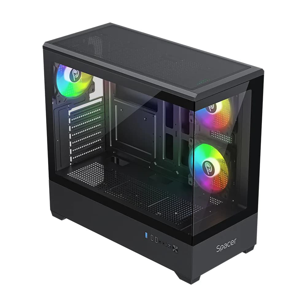 CARCASA SPACER - gaming, Middle Tower, ATX, #NAUTILUS", fara sursa, sticla securizata, 3 x ARGB fan, USB 3.0 x 1, USB 2.0 x 2, HD-Audio, Jack 3.5mm x 1, black #SPCS-GC-NAUTILUS-BK-3F" — miniatură
