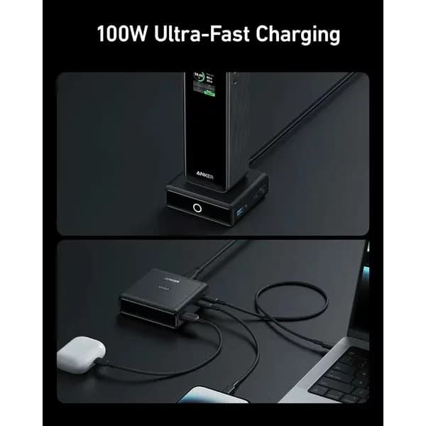 BAZA de incarcare baterie externa Anker "Prime",100W, incarcare rapida 4-in-1,PD si Power IQ 3.0,rez la socuri, 1xUSB,2xUSB-C, 1xPogo Pin,498 g, negru, "A1902311"-194644150662 — miniatură