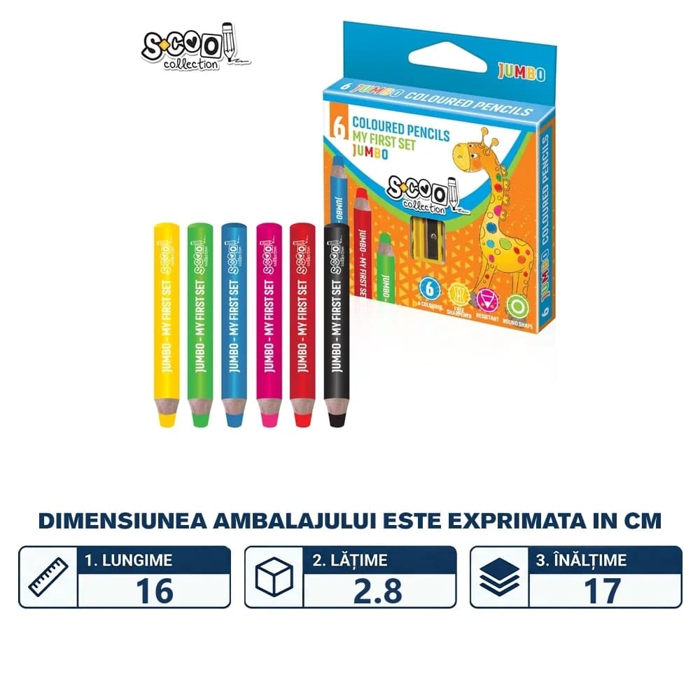 Creioane color JUMBO 8 mm + ascutitoare, 6 cul/set - S-COOL — miniatură