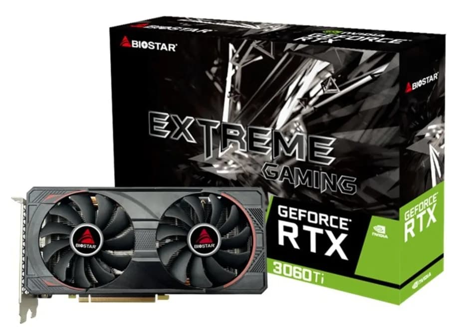 Placa video Biostar "RTX3060Ti 8GB", 8GB GDDR6, 256 bit, PCI Express 4.0 x16, 3 x DisplayPort 1.4a, HDMI 2.1, racire activa 2 x fan, PSU recomandat 600W, "VN3606TM82" — miniatură