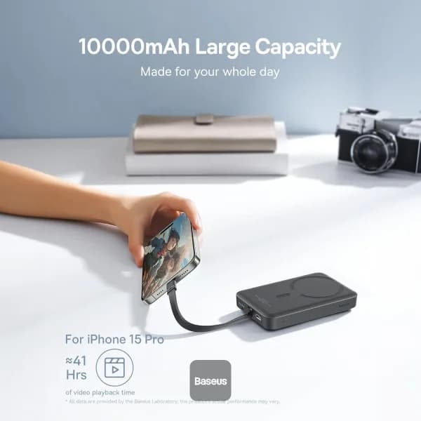 POWER BANK Baseus Magnetic Mini Wireless, 10000mAh, 30W, 2 x USB Type-C output/input, 15W wireless charging, cablu integrat USB Type-C, negru, "P1002210B113-00" - 6932172642785 — miniatură