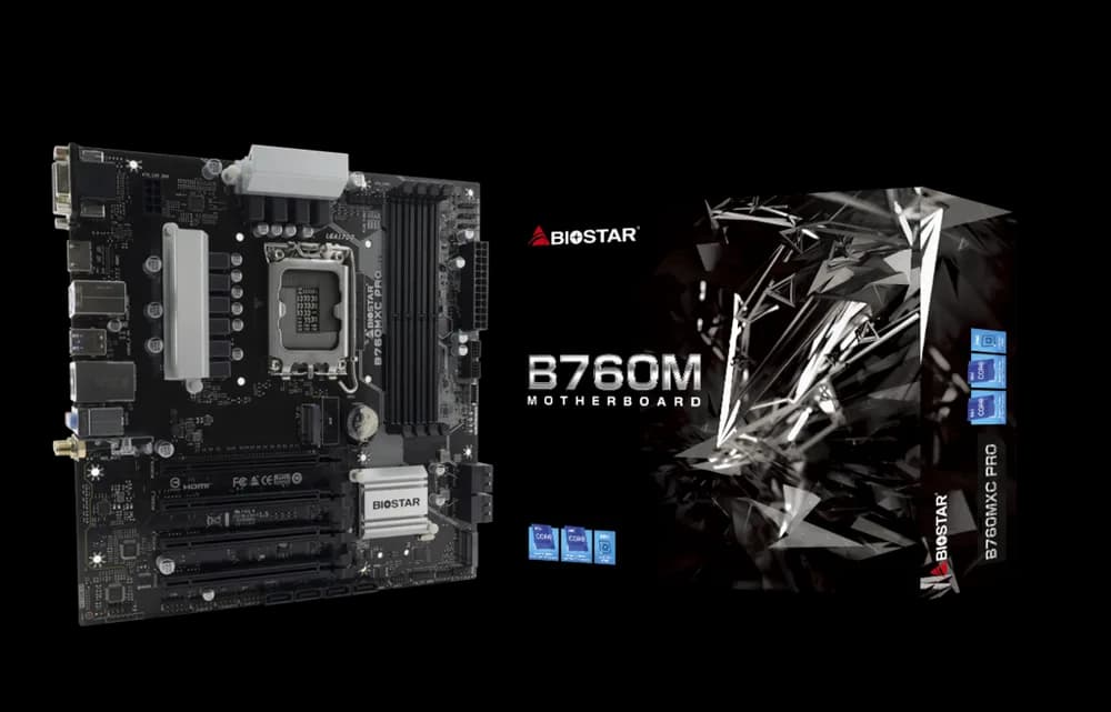 Placa de baza Biostar "B760MXC PRO", skt. LGA 1700, chipset Intel B760, mATX, 4 x DDR5 max. 256 GB, USB 3.2 gen 2, 8 x SATA, 2 x M.2, PCIe 4.0, HDMI, VGA, DVI, "B760MXC PRO" — miniatură
