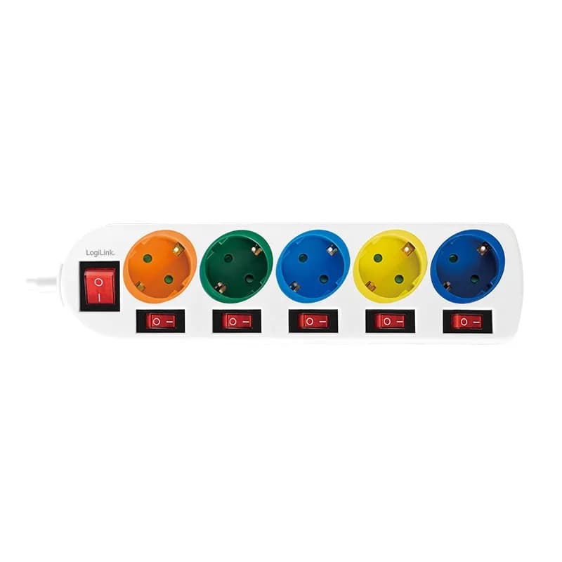 PRELUNGITOR LOGILINK, Schuko x 5, conectare prin Schuko (T), cablu 1.5 m, 16 A, protectie copii, alb/ multicolor, "LPS258" — miniatură