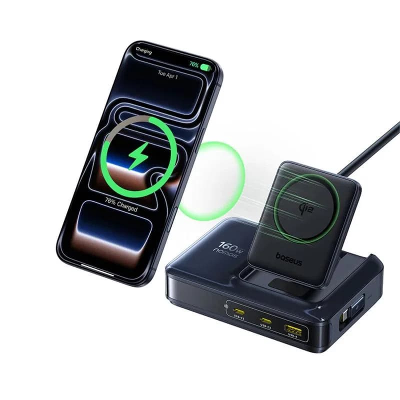INCARCATOR retea Baseus Nomos NH21 5-in-1, 160W, Qi2 Wireless, 1 x USB, 3 x USB Type-C, cablu retractabil USB Type-C, negru "E0121700" (include TV 0.18lei) - 6953156211834 — miniatură