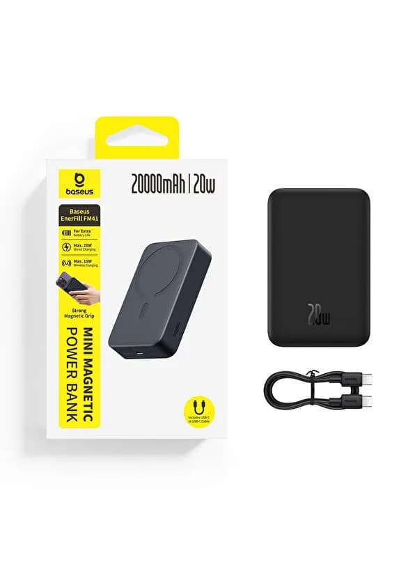 POWER BANK Baseus EnerFill FM41 Mini Magnetic, include cablu USB Type-C la USB Type-C 20V/3A 30cm, capacitate 20000mAh 20W, negru "E0027U00" - 6932172699277 — miniatură
