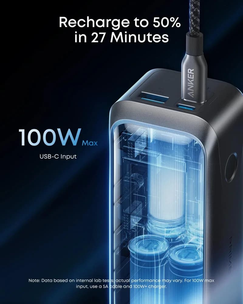POWER BANK Anker 20.000 mAh, 220W, max 100W input, max 140W output per port USB-C Power IQ 4.0, 2 x USB-C, 1x USB-A(output), display inteligent, 510g, gri, "A110BH11" - 194644239350 — miniatură