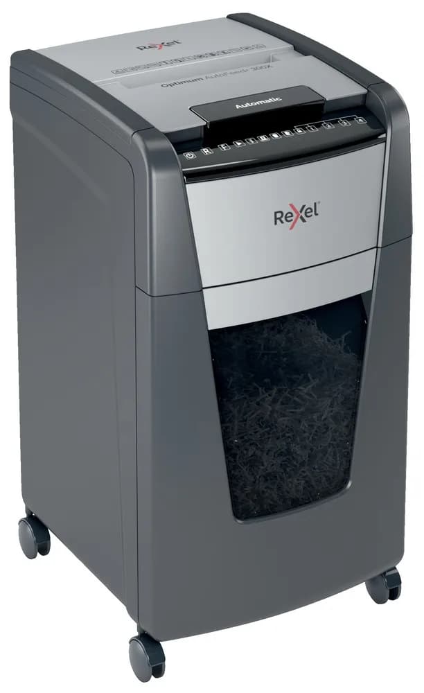 Distrugator automat documente Rexel OPTIMUM 300X, 300 coli, P4, cross-cut (tip confeti), cos 60 litri, negru-gri, "2020300XEU" — miniatură