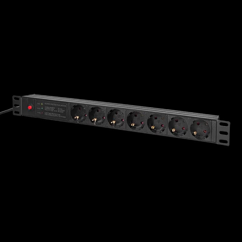 PDU LOGILINK 1U pt. rack 19 inch, 7 prize Schuko, intrare Schuko, max 16 A, ON/OFF, prot. suprasarcina, filtru de linie, IP20, 2 m, negru, "PDU7C02" — miniatură
