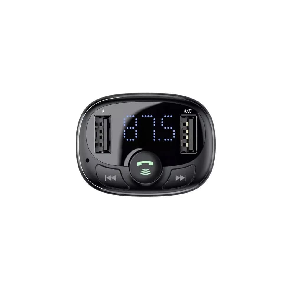 Modulator auto FM Baseus T-Typed, Bluetooth 4.2, 2 x USB 5V/3.4A max, 12V-24V, frecventa modulator FM: 87,5-108.0MHZ, format MP3/WAV/FLAC/APE/WMA, answer/reject/hang up/redial, negru — miniatură