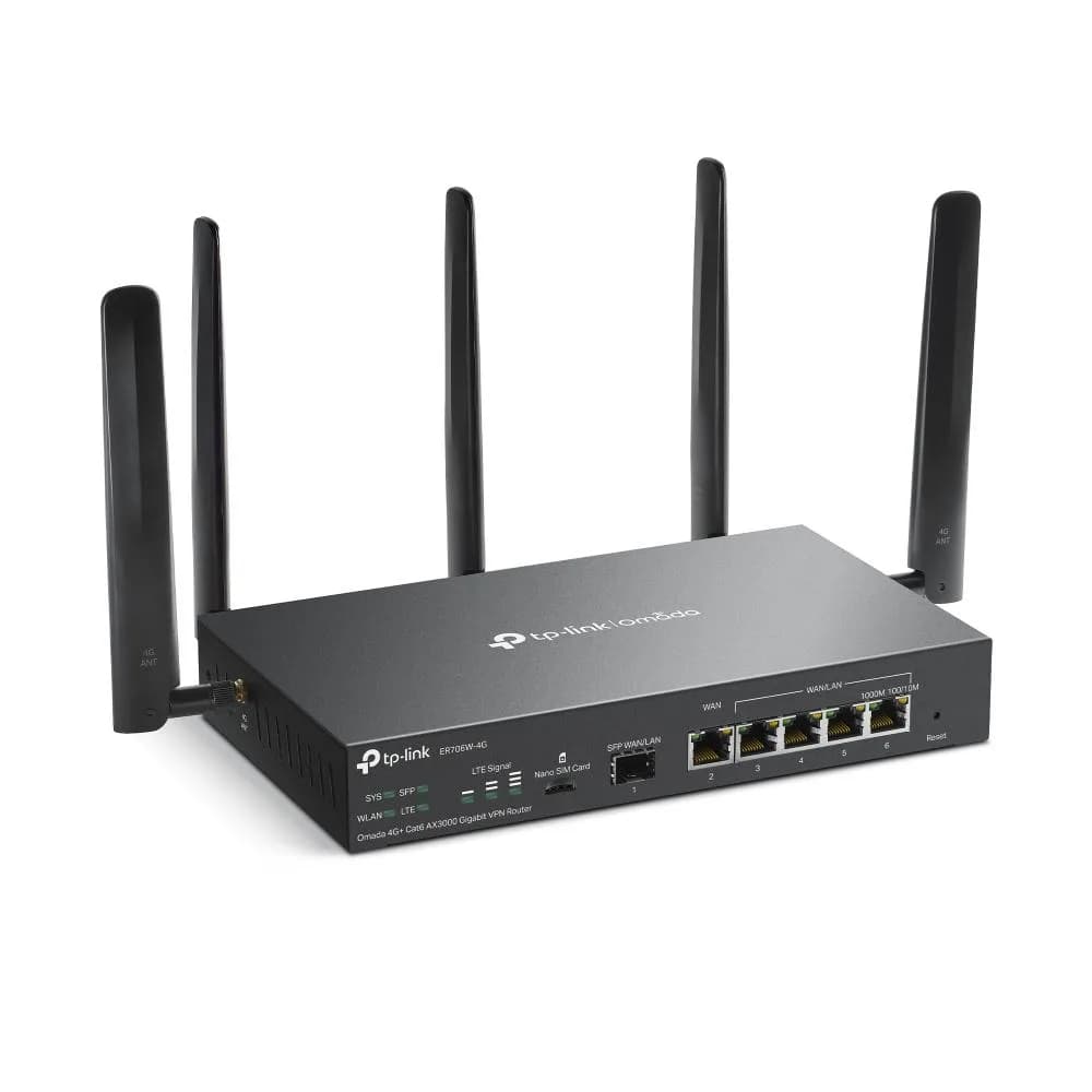 "Omada 4G+ Cat6 AX3000 Gigabit VPN Router PORT: 1× Gigabit SFP WAN/LAN Port, 1× Gigabit RJ45 WAN Port, 4× Gigabit WAN/LAN RJ45 Ports, 1 Nano SIM slot (4G+ Cat6) SPEED: 574Mbps at 2.4 GHz + 2402 Mbps at 5 GHz (HE160) Wi-Fi Speed, 300 Mbps Download LTE Speed FEATURE: Integration with Omada SDN — miniatură