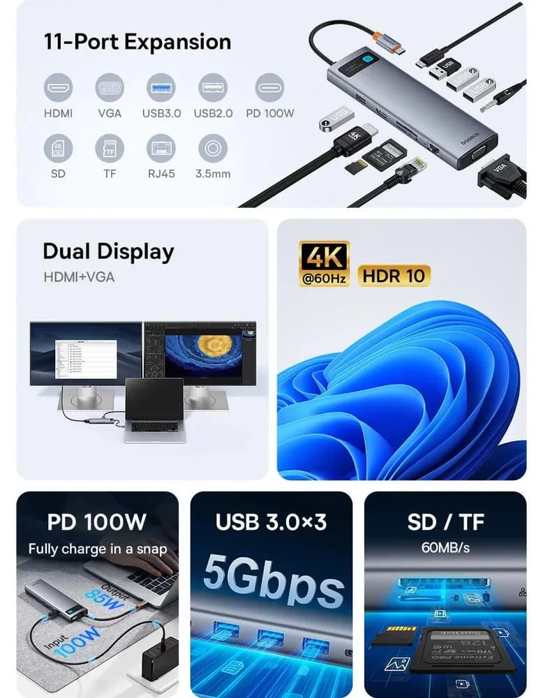 DOCKING Station Baseus Metal Gleam Series 11-in-1, conectare PC USB-C,Type-C to HDMI4K@60Hzx1+VGAx1,USB3.0x3,USB2.0x1+PDx1,RJ45x1,SD/TFx1,jack 3.5x1, gri "B00030709811-00" - 6932172636562 — miniatură