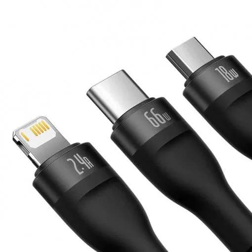 CABLU alimentare si date Baseus Flash, One-for-three Retractable, pt smartphone,USB la Micro-USB+Lightning + USB Type-C 66W, 1.2m, negru "CASS040001" - 6932172618100 — miniatură