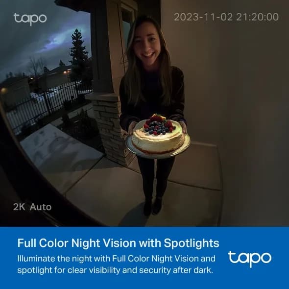 Video Doorbell Camera 1×Tapo D210 + 1×Tapo D100C SPEC: 2K 3MP(2304×1296), 2.4 GHz, 6400mAh rechargeable lithium-ion battery, Chime included FEATURE: Ringtones, Head to Toe View(16:9), Smart Detection and Notifications (Motion, people), Quick Response, Video Call, Remote Control, Two-Way Audio, Voice — miniatură