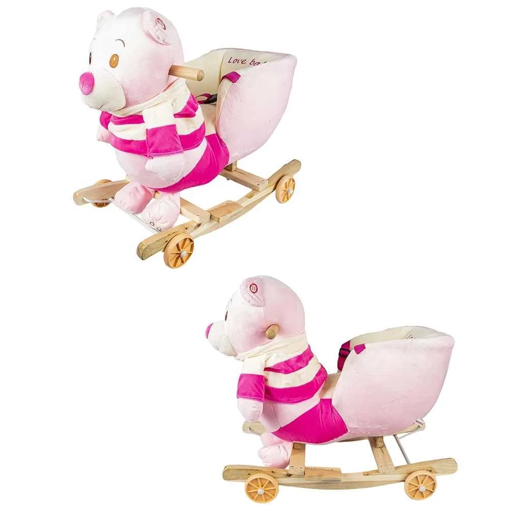 Balansoar pentru bebelusi, Ursulet, lemn + plus, cu rotile, roz, 55 cm — miniatură