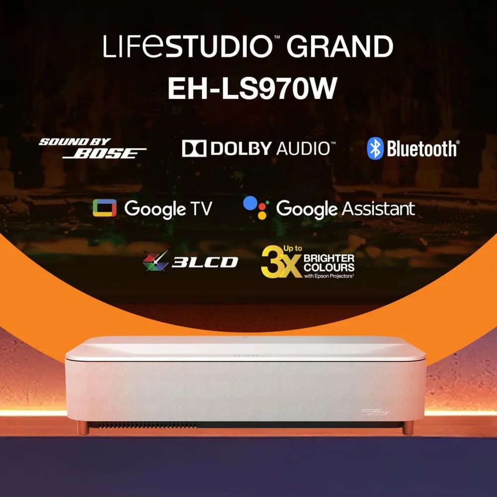 Epson Proiector Lifestudio Grand Plus EH-LS970W - Diamond white, Tehnologie 3LCD, LCD 0.62", 4000 Lumeni, Rezolutie: 4K, Aspect: 16:9, contrast: 5.000.000 : 1, Sursa lumina: Laser, Durata viata: 20.000 ore, Refresh rate: 384 Hz - 480 Hz, Suport HDR, Dimensiune ecran: 80 inchi - 150 inchi, Focus — miniatură
