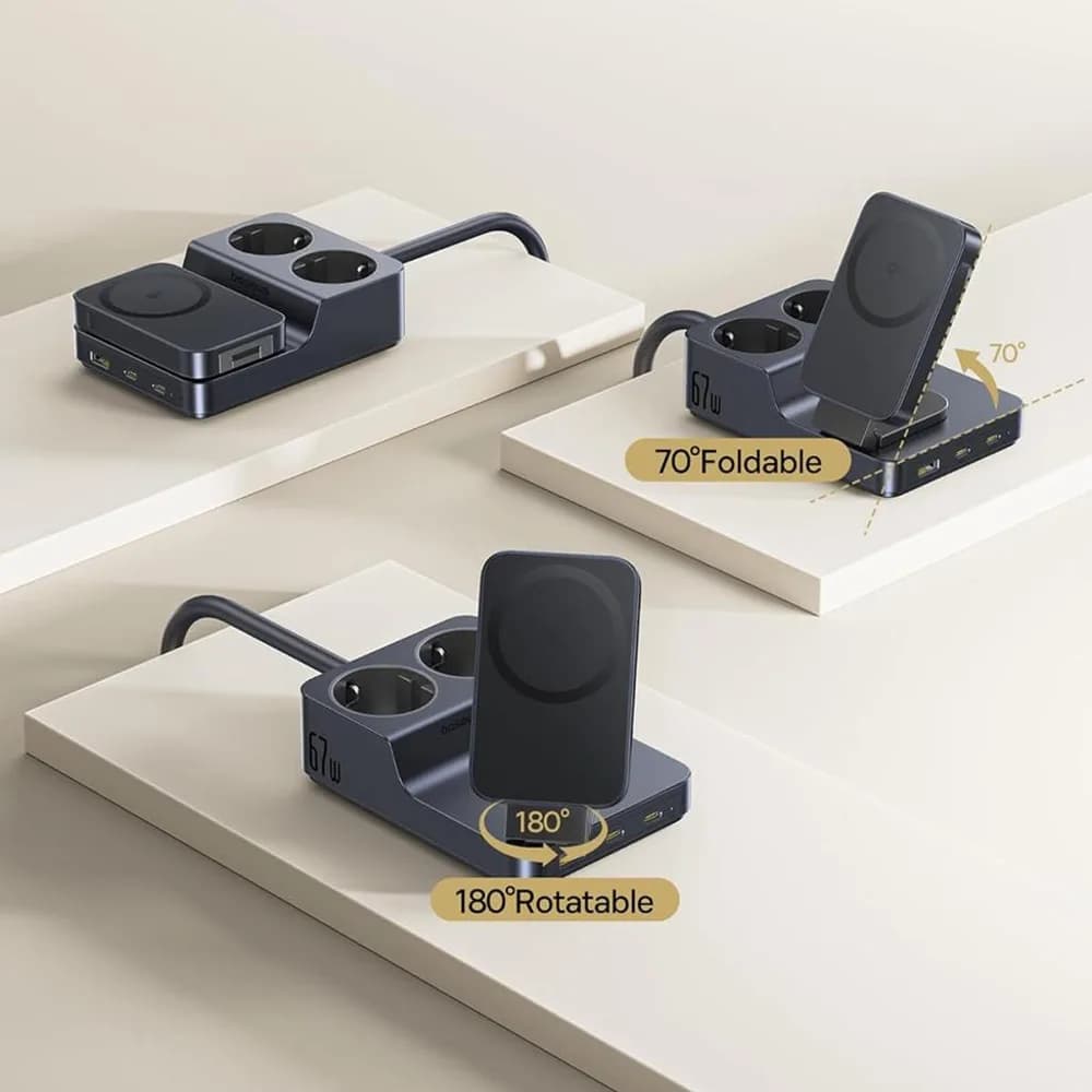 INCARCATOR RETEA Baseus Nomos Powerstrip, QC 67W, 2 x AC, 2xUSB Type-C, 1 x USB, 1 x incarcare wireless magnetica 15W, lungime cablu 1.5m, negru "E00078801123-00"-6932172689704 — miniatură