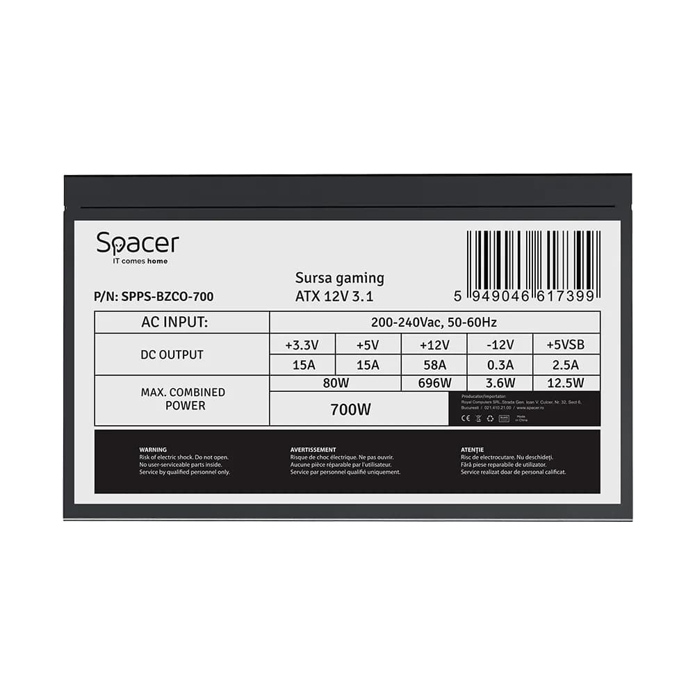 SURSA SPACER BZCO-700 80+ Bronze compatible, 700W, fan 120mm, MB (20+4) x1, CPU (4+4) x1, PCI-E (6+2) x2, SATA x5, Molex x1, *retail* "SPPS-BZCO-700" — miniatură
