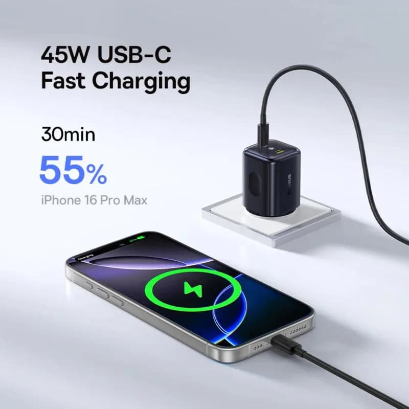 INCARCATOR retea Baseus PicoGo AN13, Quick Charge 45W, 2 x USB Type-C, negru "E0121F00" - 6953156211681 — miniatură