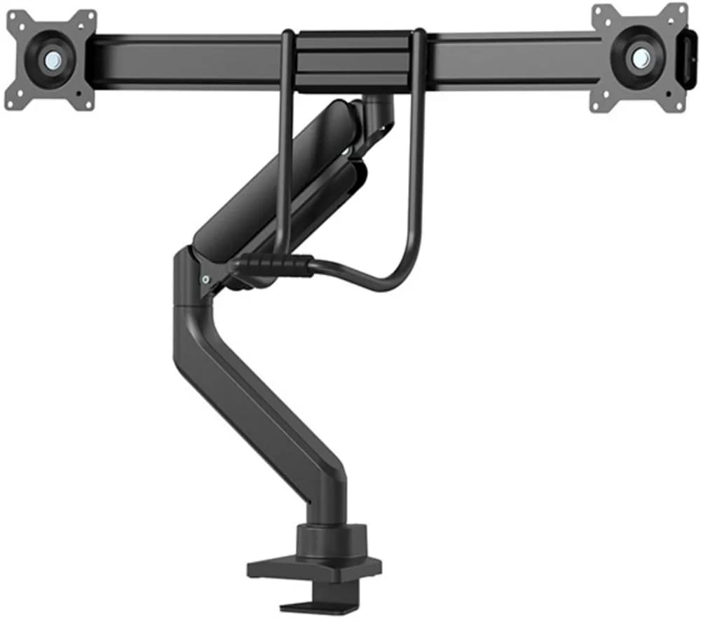 Brat dublu pentru monitor Neomounts, tip full motion, pentru display-uri cu diagonale 17"-32", sistem de prindere VESA 75x75~100x100mm, greutate maxima suportata 8kg per ecran, tilt +10°, -10°, swivel +90°, -90°, rotate +180°, -180°, reglabil pe inaltime 28cm, ajustarea latimii 54cm, ajustarea — miniatură