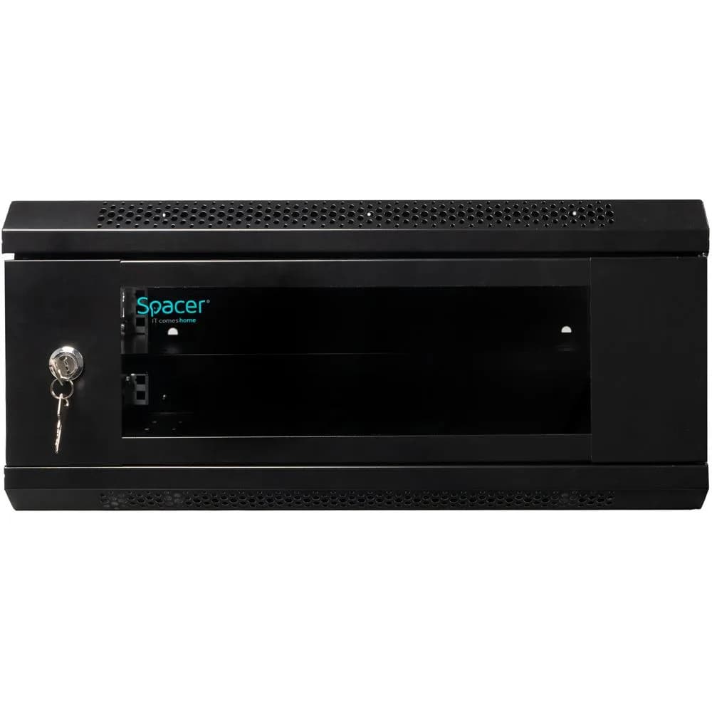 CABINET 19″ SPACER 4U 500x400mm, fixare pe perete, Flatpack (dezasamblat), Black, usa sticla cu blocare, panouri detasabile, otel 1mm, sarcina maxima 25Kg — miniatură