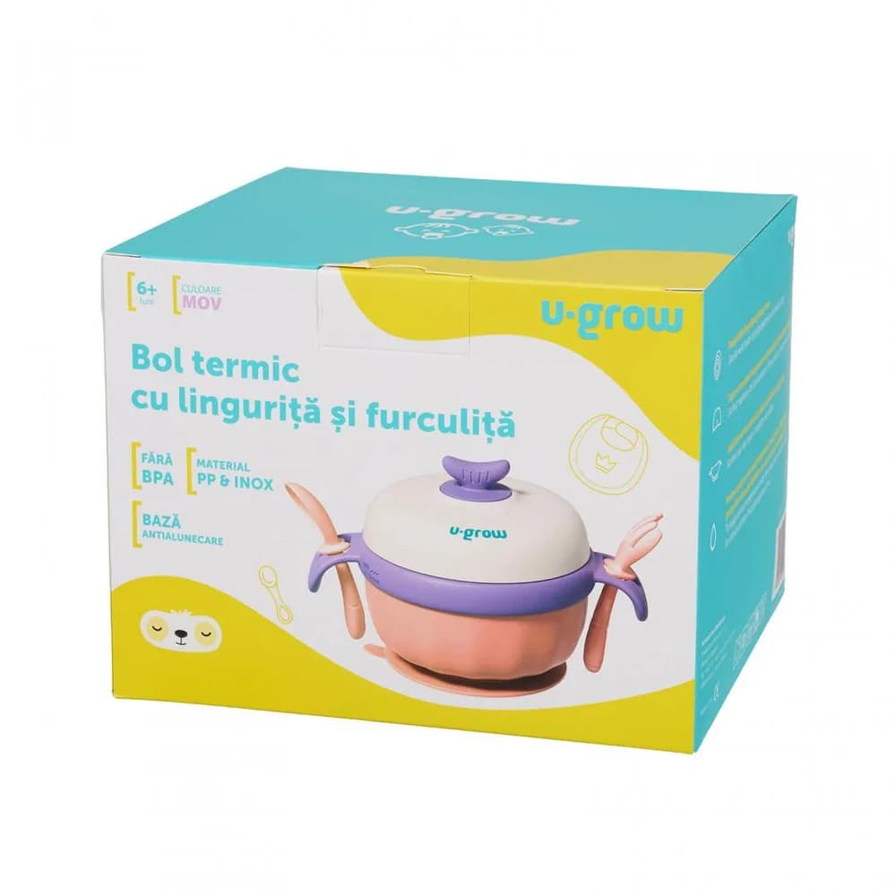 Bol termic, lingurita si furculita, baza antialunecare, mov, U-Grow — miniatură