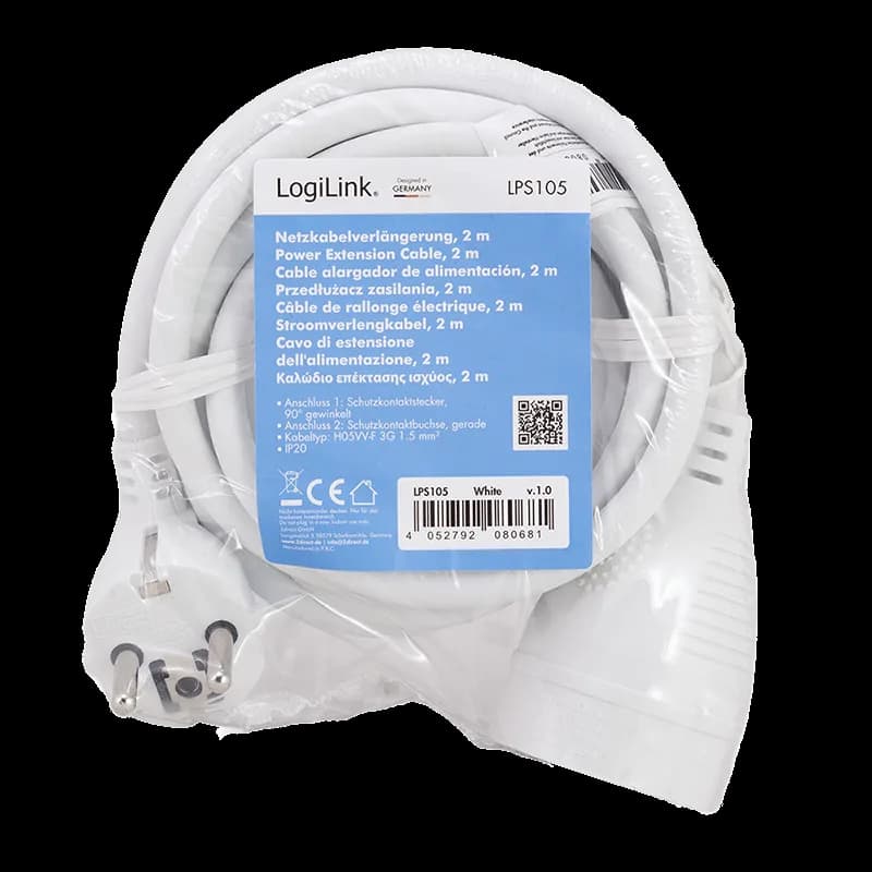 CABLU alimentare LOGILINK prelungitor, 2m, intrare Schuko (T) plug, iesire Schuko (M) plug 90 grade, 16A, 3500W, 3x1.5mm2, white, "LPS105" — miniatură
